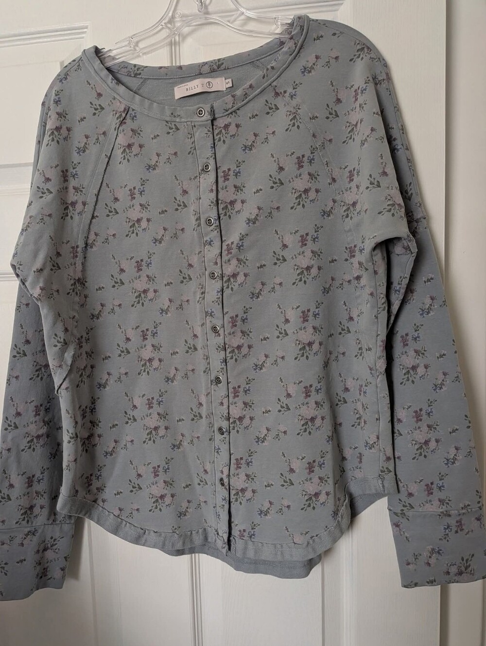 Billy T Easy Floral Henley Top S Cotton Blue Gray Cottagecore